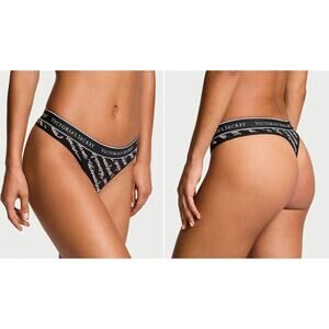 Victoria's Secret Women's Panties Size L Black Logo Script Cotton Thong